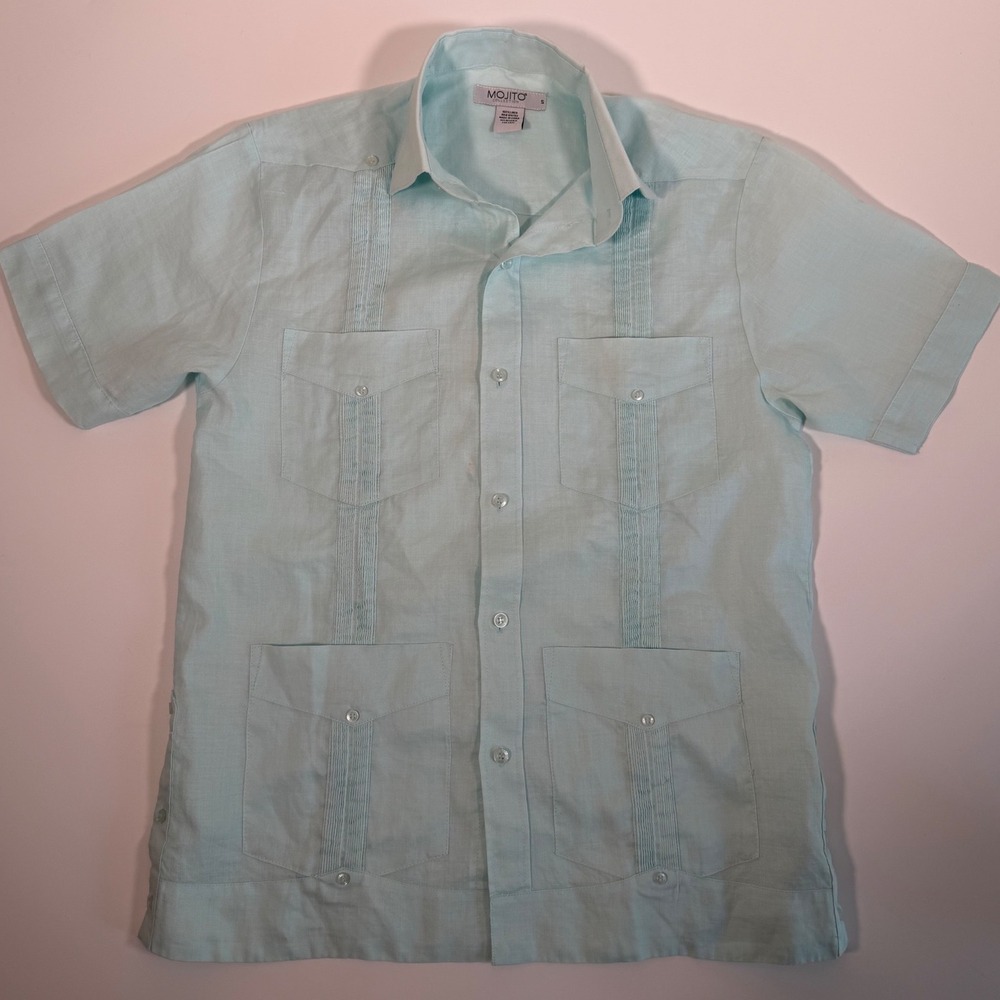 Mojito Collection 100% Linen Guayabera Shirt Mens Small Aqua Blue Old Money Boho